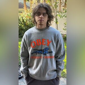 Obey Gray Crewneck with Orange and Blue Graphic Sweatshirt XL